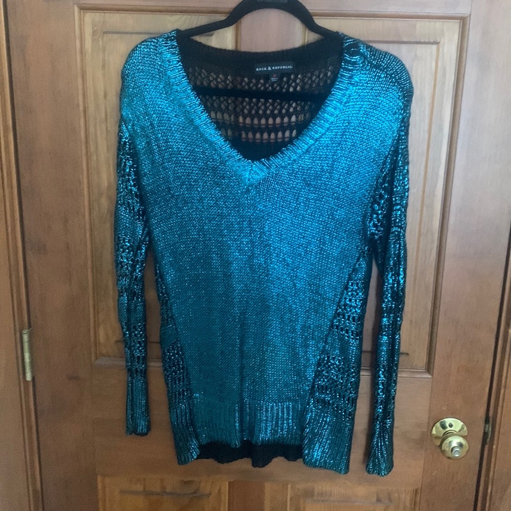 Rock & Republic teal metallic open stitch sweater